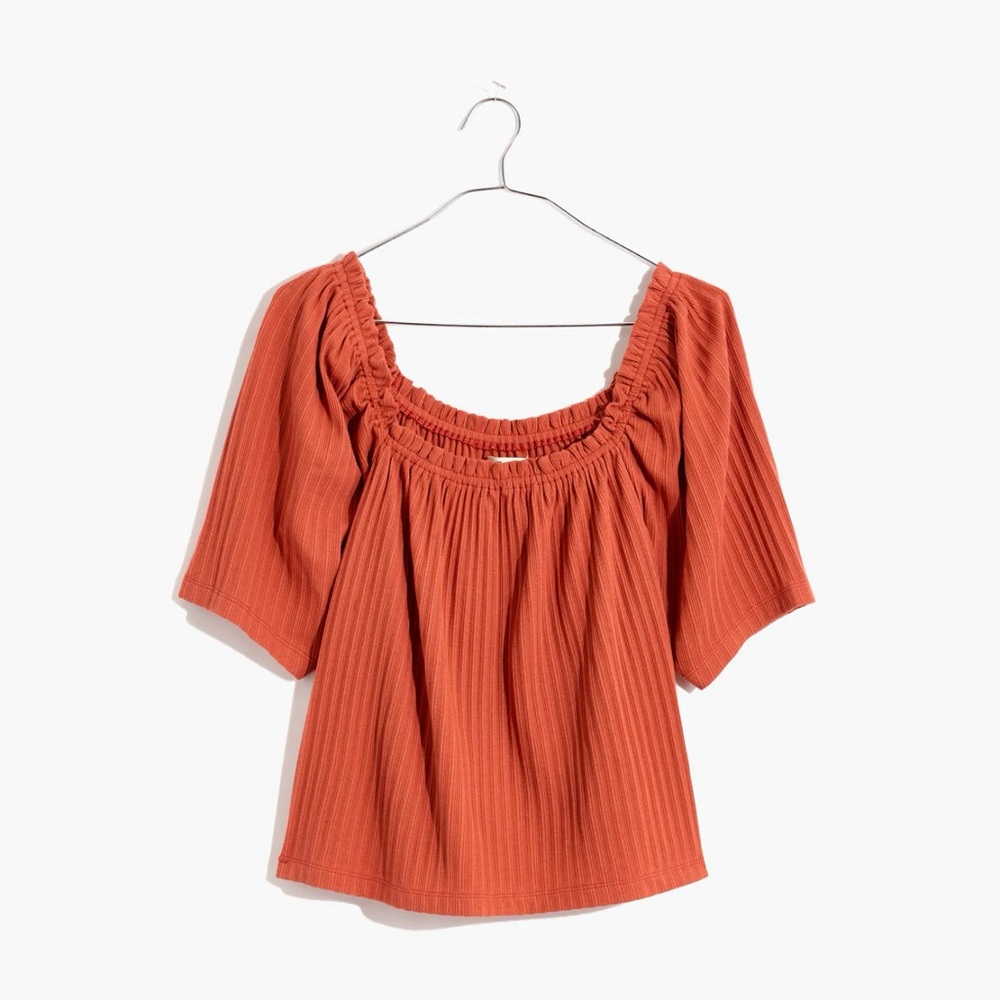 EUC Madewell Afterglow Red Rust Burnt Pointelle Peasant Top Square Off Shoulder